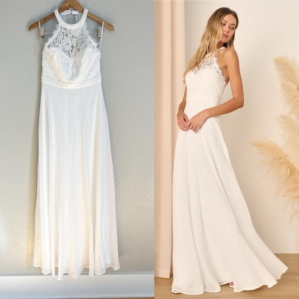 Lulu's White Lace Halter Maxi Dress